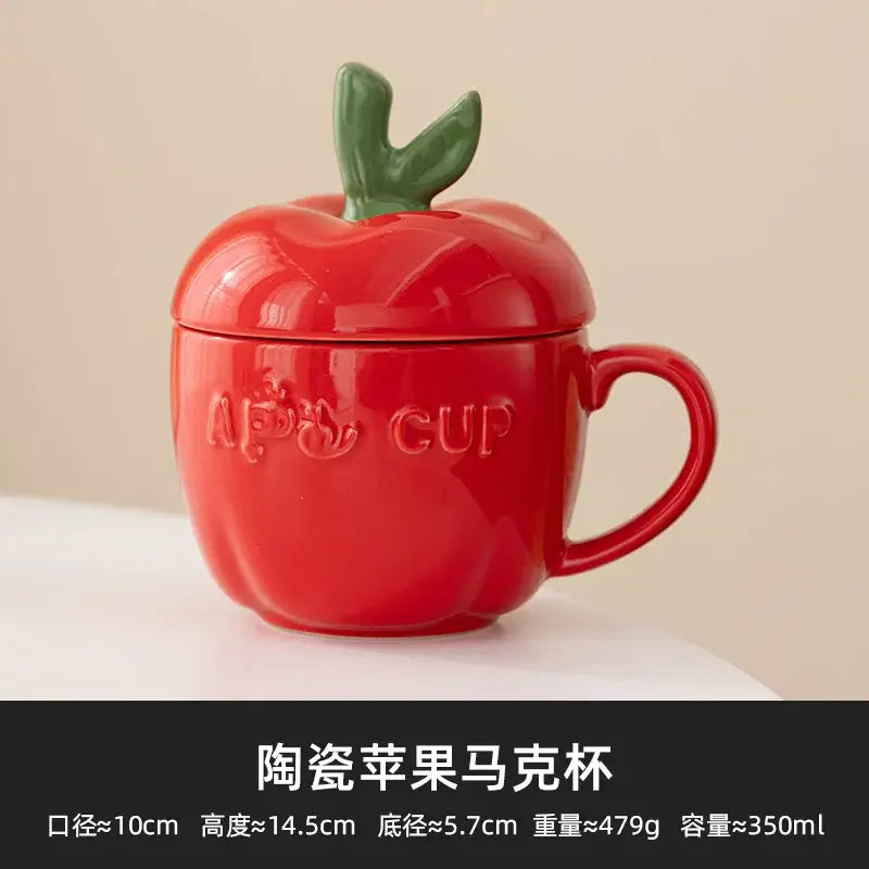Red ceramic decorbites apple fruit mug with green leafy stem and apple cup embossed for kids breakfast gift