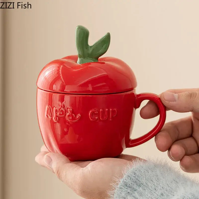 Red ceramic apple fruit mug with green leaf lid and decorbites apple fruit embossed for kids breakfast gift