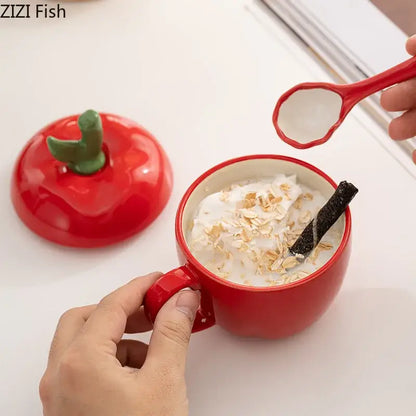 Red ceramic decorbites apple fruit mug with green stem lid and matching spoon ideal for kids breakfast gifts