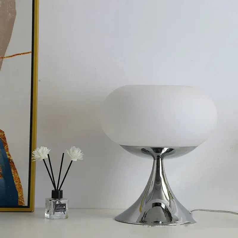 Decorbites apple green table lamp with modern chrome finish and frosted white glass globe in apple green table design
