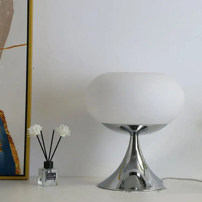 Decorbites apple green table lamp with modern chrome finish and frosted white glass globe in apple green table design