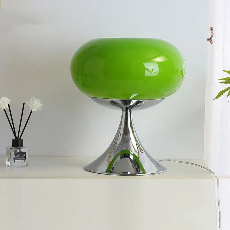Vibrant apple green table lamp with glossy glass shade and sleek chrome base from decorbites apple green collection