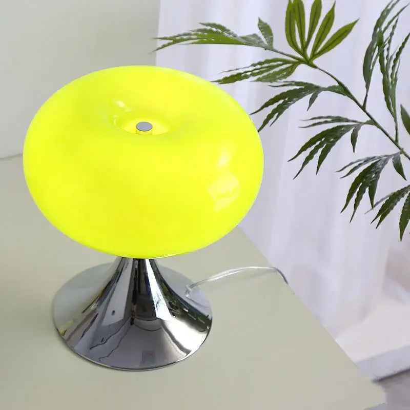 Vibrant neon yellow DecorBites apple green table lamp with mushroom shape and sleek chrome base in three colors lighting