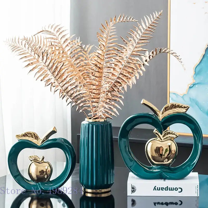 Teal ceramic decorbites apple hollow candy jar with gold accents and heart outlines for home decor storage
