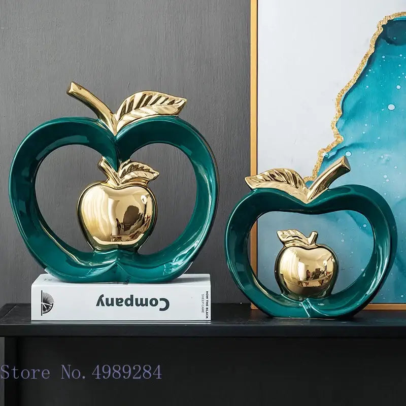 Teal ceramic decorbites apple hollow with polished gold interior and leaf accents candy jar for home decor