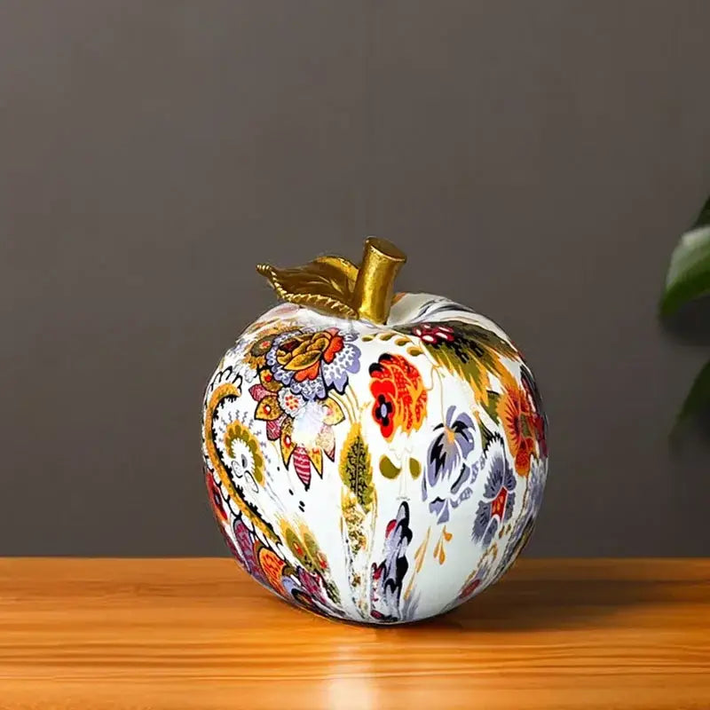 Decorbites apple resin figure decorative ornament with glossy white base and vibrant floral paisley patterns for home decor