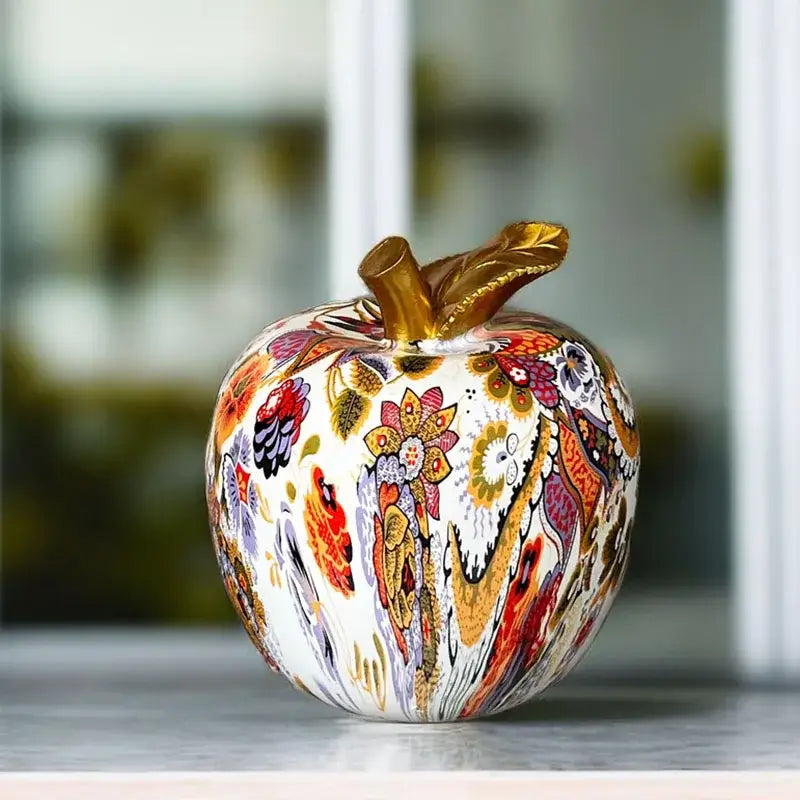 Decorbites apple resin figure decorative ornament with glossy white base and vibrant floral patterns for home office decor