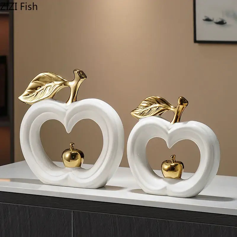 Decorbites apple sculpture white ceramic with gold leaf accents and miniature golden apple for minimalist decor