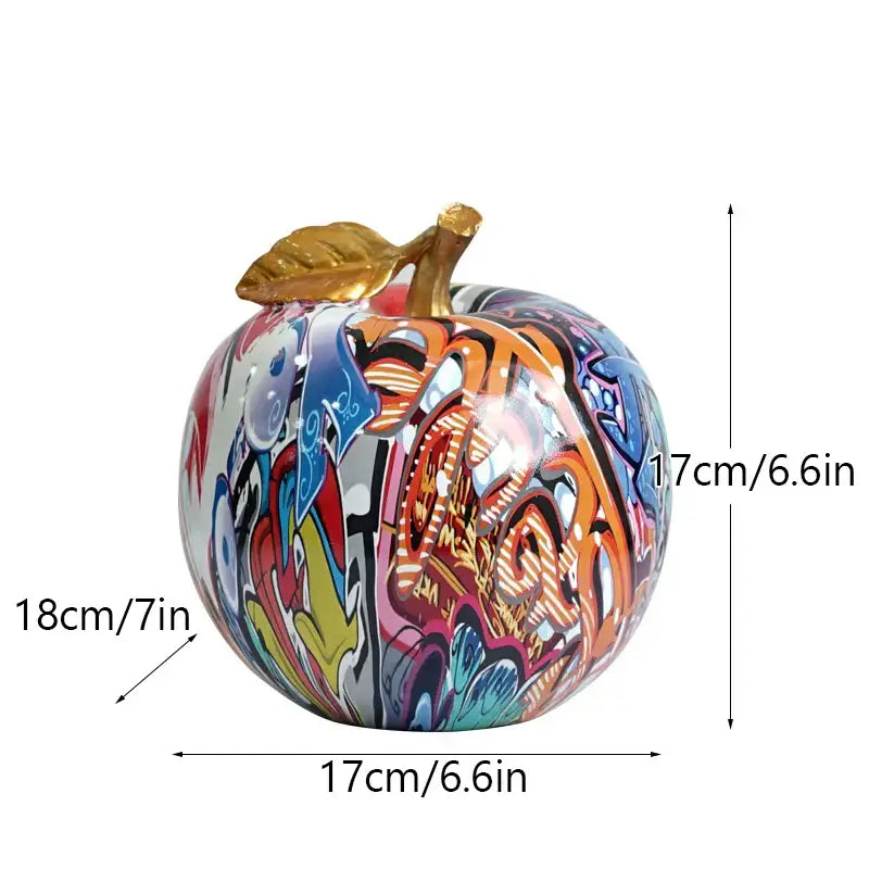 Vibrant decorbites apple sculpture resin ornament in graffiti style with glossy finish and golden leaf stem for modern decor