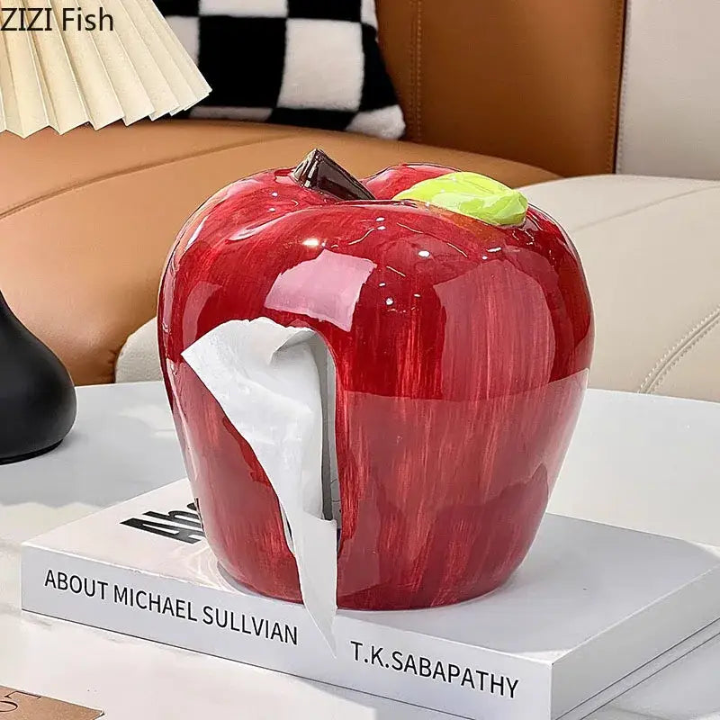 Vibrant red decorbites apple shape ceramic tissue box with glossy finish green leaf and brown stem detail for desk decor
