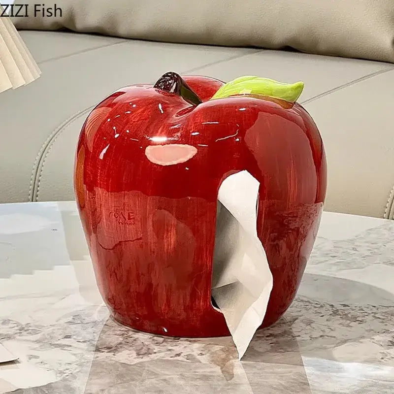 Shiny red decorbites apple shape ceramic tissue box with green leaf and brown stem for coffee table decor