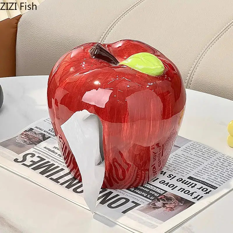 DecorBites apple shape ceramic tissue box in shiny red with green leaf and brown stem for coffee table décor