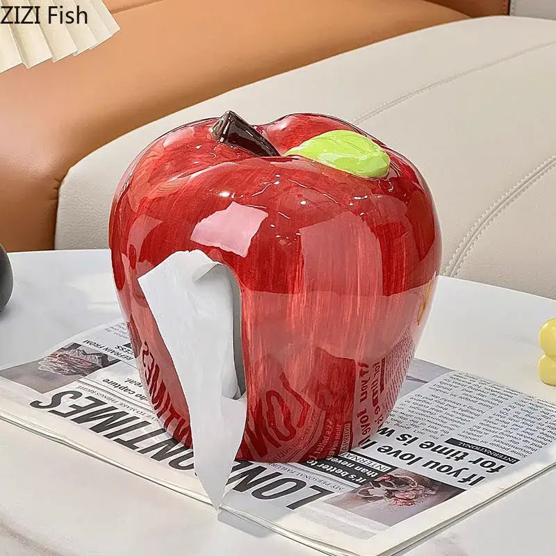 Shiny red decorbites apple shape ceramic tissue box with green leaf and black stem for coffee table decoration