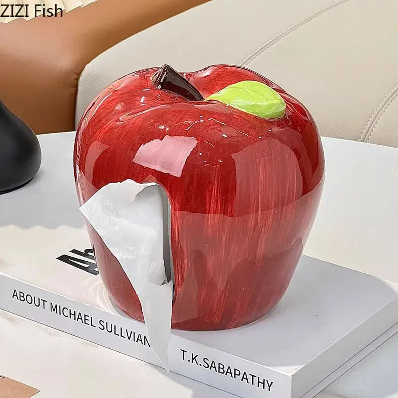 Decorbites apple shape ceramic tissue box in shiny red with green leaf and brown stem for coffee table decor