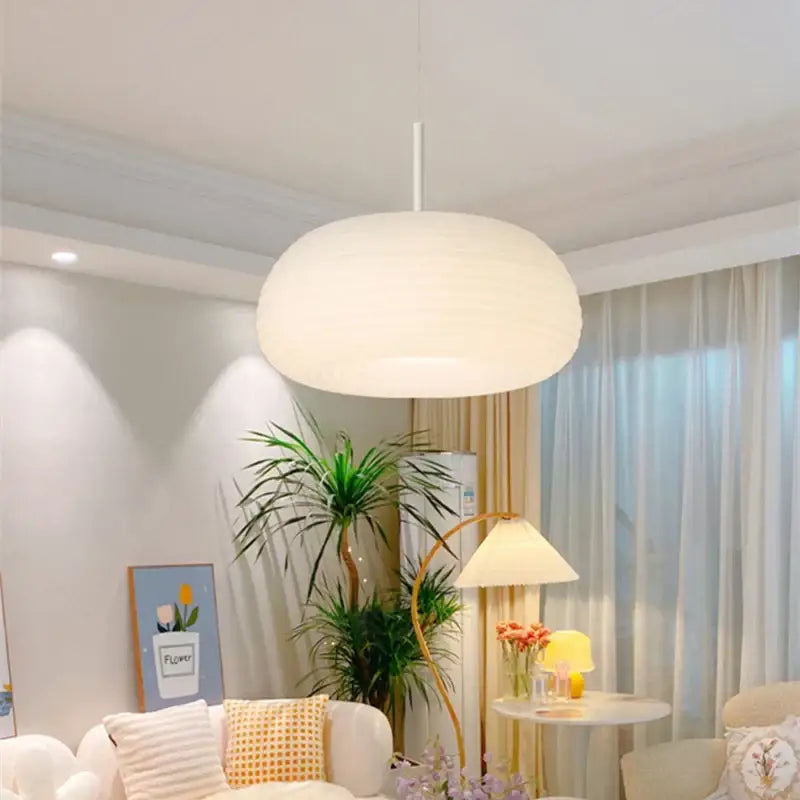 DecorBites apple shape ceiling chandelier with off-white paper lantern dome and slender white stem for bedroom lighting