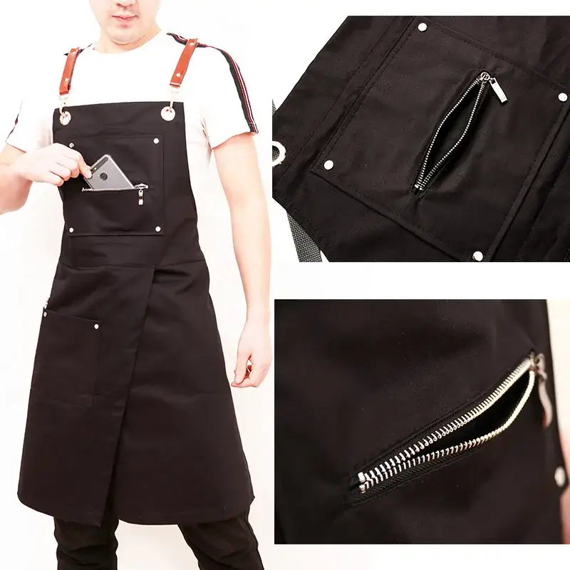 Black canvas decorbites apron with brown leather straps and silver zippers for personalized korean fashion uniforms