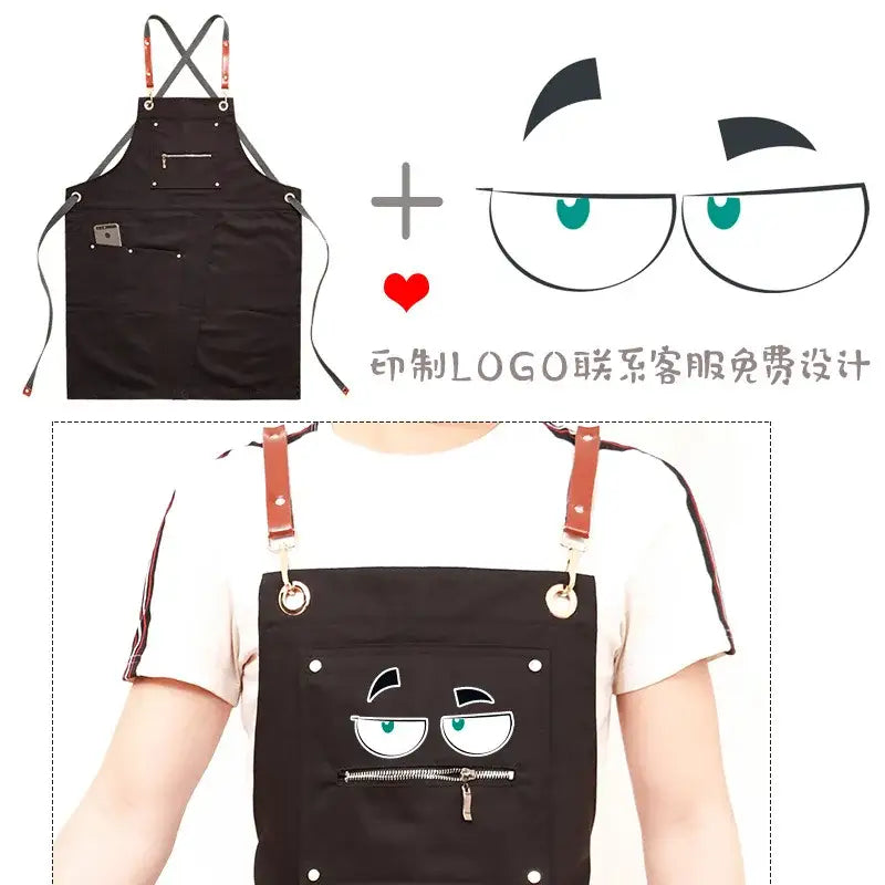 Black DecorBites apron with brown leather straps and a cartoon face design above a zipper pocket for personalized Korean fashion