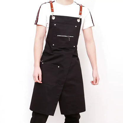 Black canvas decorbites apron with brown leather straps and silver hardware for personalized Korean fashion uniforms