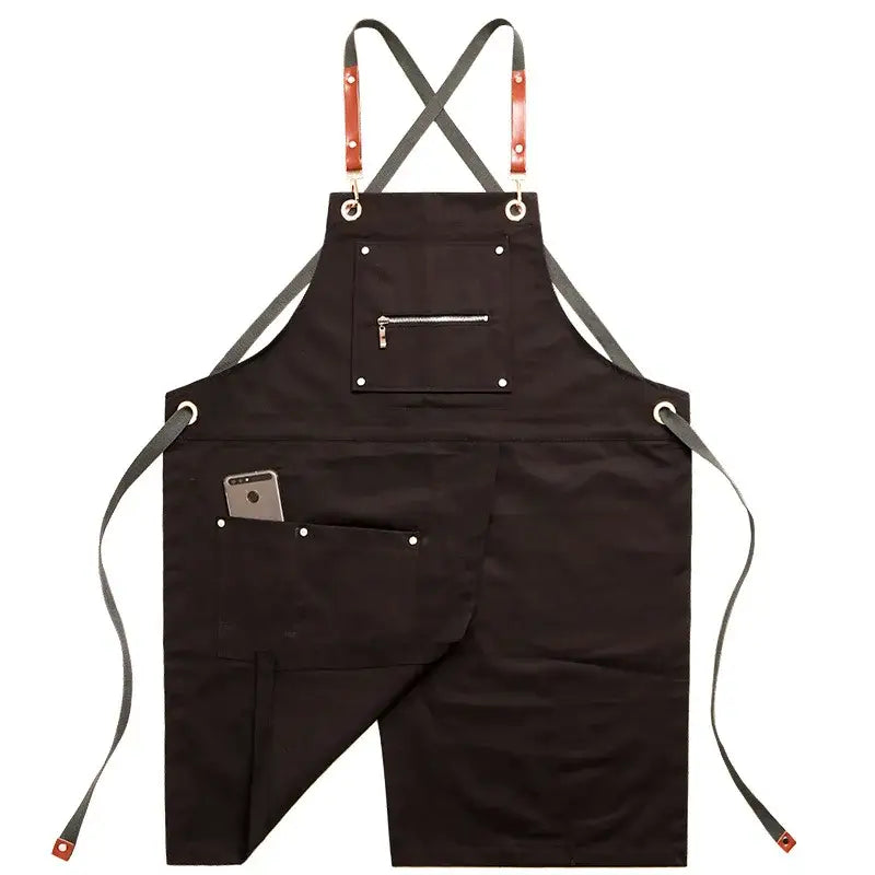 Black canvas decorbites apron with gray adjustable straps and brown leather accents personalized korean fashion uniform