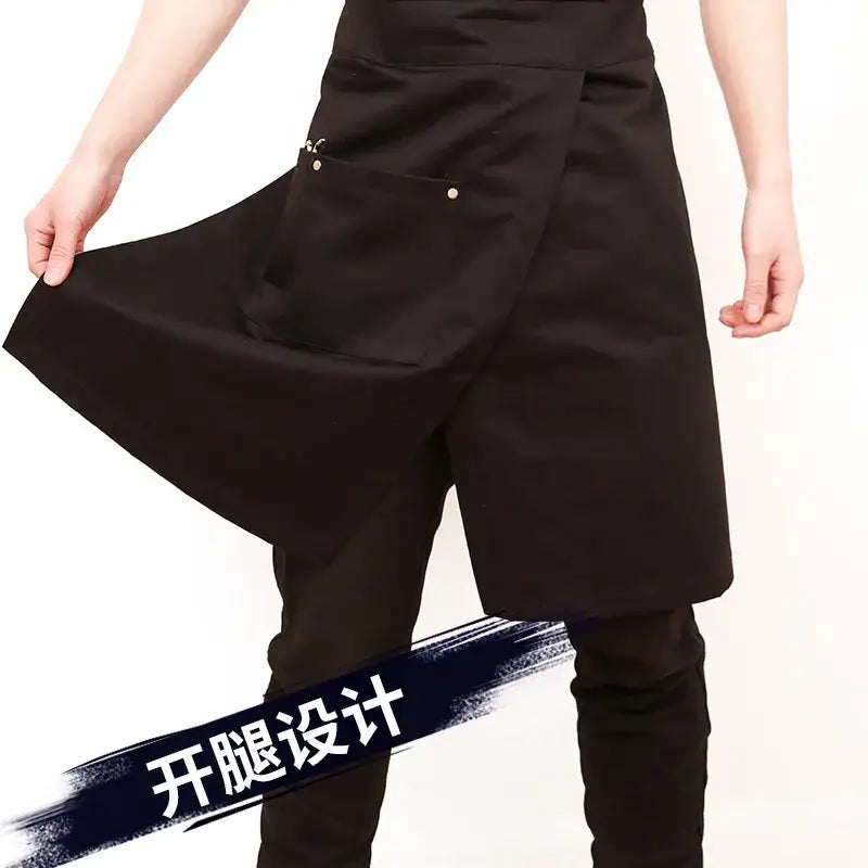Black decorbites apron with split-leg design and silver buttoned front pocket for personalized korean fashion uniforms