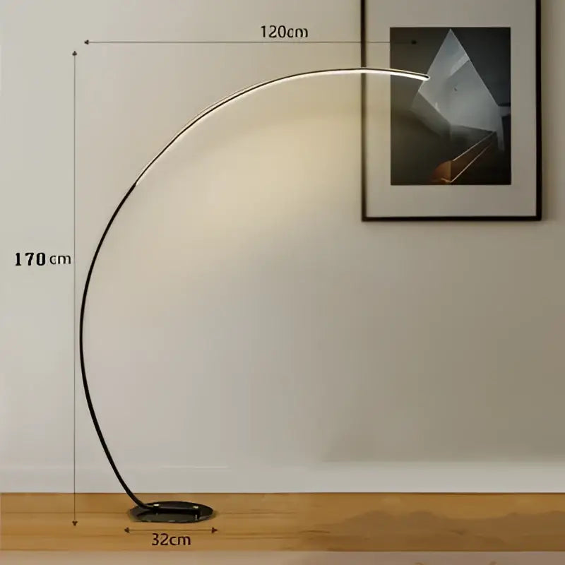 A sleek black metal decorbites arc floor lamp with an illuminated curved light for indoor dining and living room decor