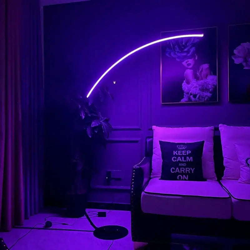 Sleek curved decorbites arc led floor lamp with vibrant purple glow and remote control in nordic minimalist design