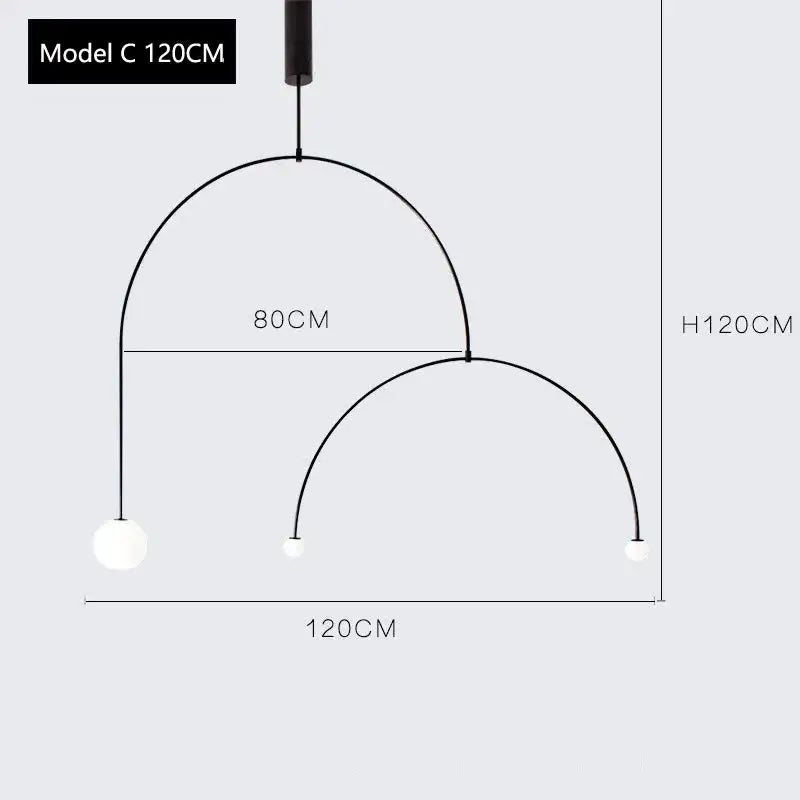 Black minimalist DecorBites Arc Line chandelier with three white glass bulbs and curved metal arms for living room lighting