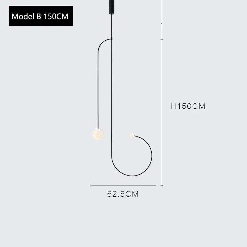 Black minimalist decorbites arc line chandelier with two frosted glass bulbs on curved metal arms for modern interiors