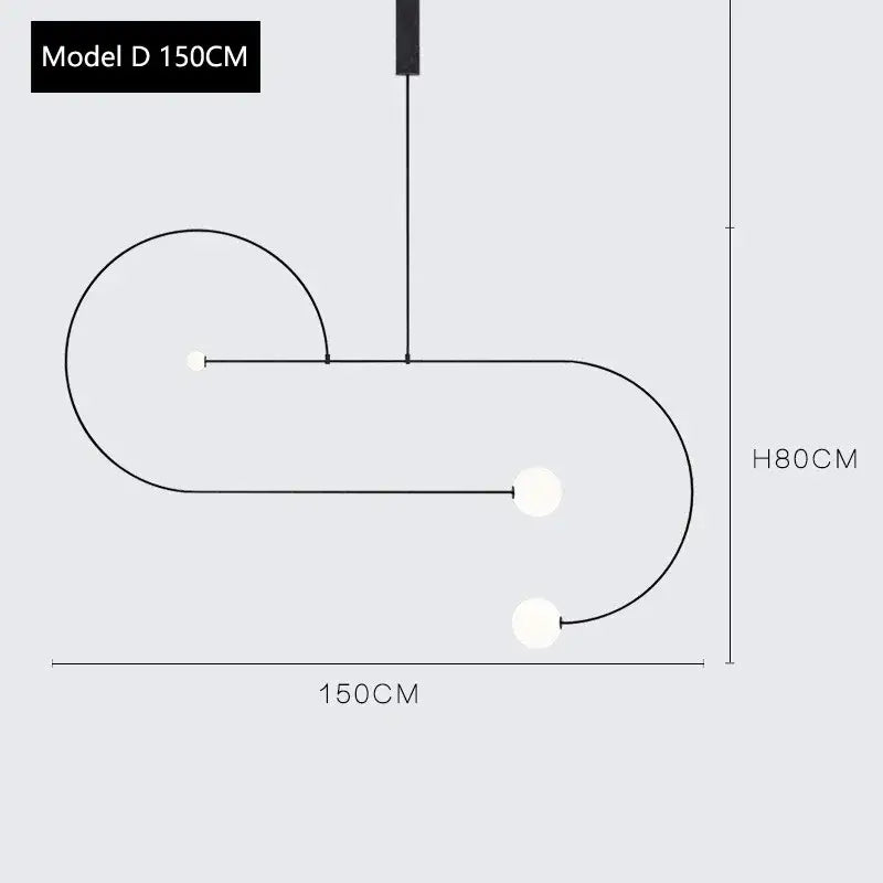 Model d 150cm decorbites arc line chandelier is a black metal minimalist pendant light with three spherical white bulbs
