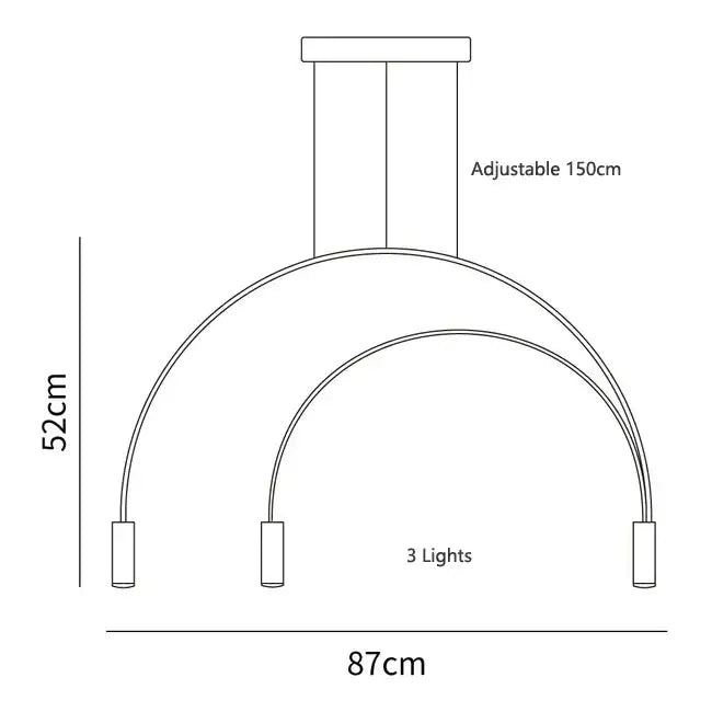 Modern minimalist DecorBites arc pendant light with three curved arms and cylindrical bulbs adjustable to 150cm height