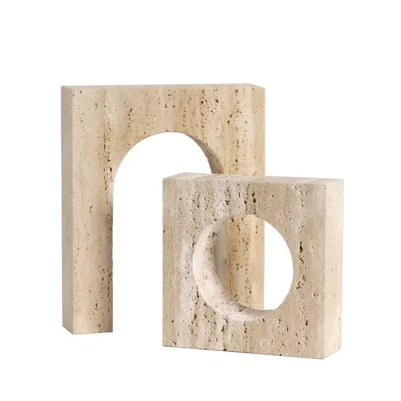 Beige textured stone geometry ornament with arch stone design by decorbites for modern desk decoration and room decor