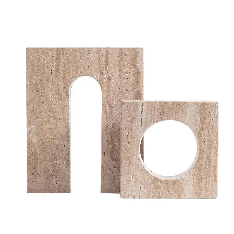Beige travertine stone decorbites arch stone geometry ornament with arched and circular cutouts for modern room decor