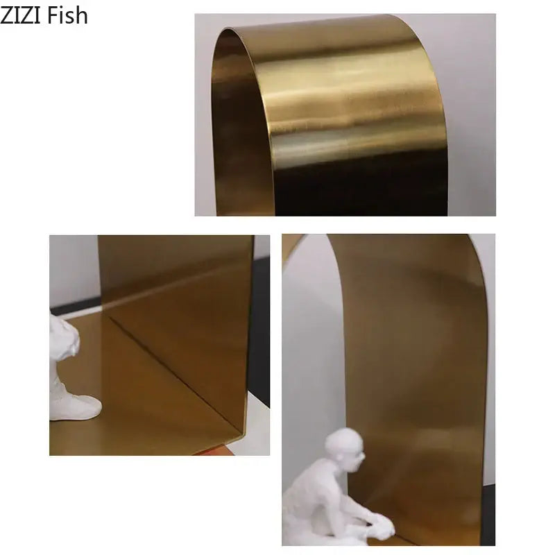 Brass-colored curved metallic bookend with smooth reflective surface for decorbites arches geometry desk decoration