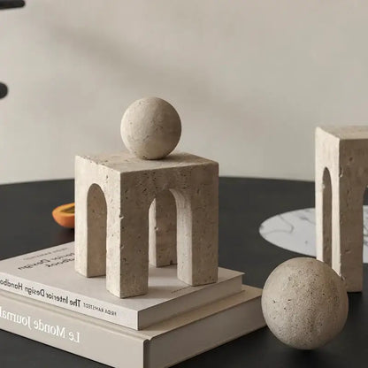 Beige stone DecorBites archway shape travertine sculpture figurine with cube and sphere for home decor