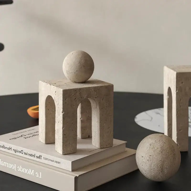 Beige stone DecorBites archway shape travertine sculpture figurine with cube and sphere for home decor