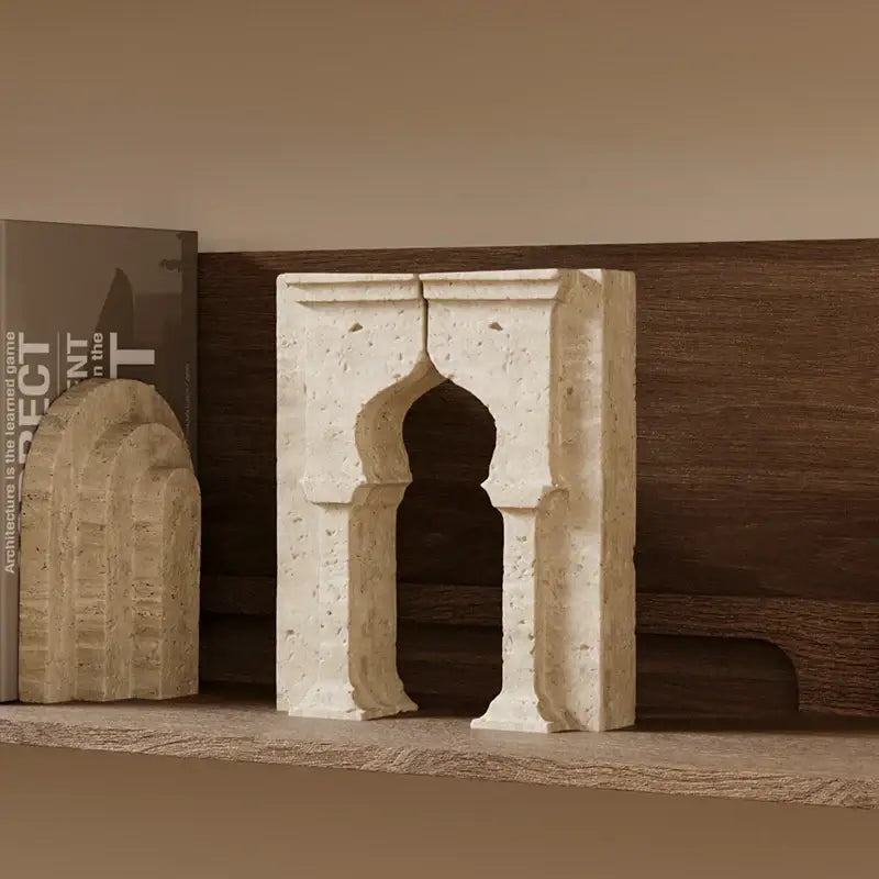 Cream-colored stone bookends in archway shape travertine by decorbites archway shape for elegant home decor