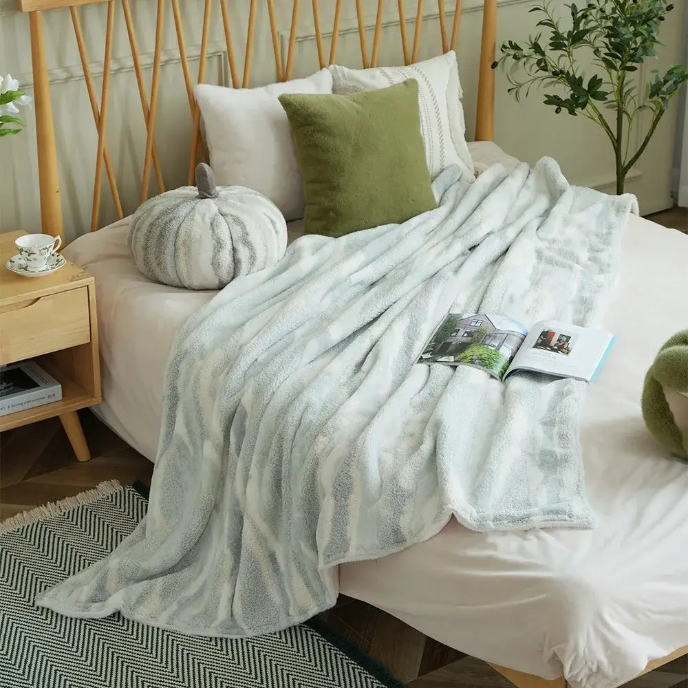 Soft light blue striped fleece throw blanket made of decorbites arctic velvet faux rabbit for cozy warm comfort