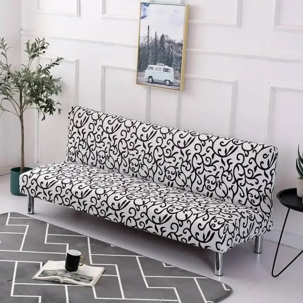 Black and white ornate patterned DecorBites armless futon sofa cover slipcover with elastic fit for armless futon sofa