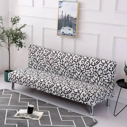 Black and white ornate patterned elastic decorbites armless futon sofa cover slipcover for futon sofa without armrest