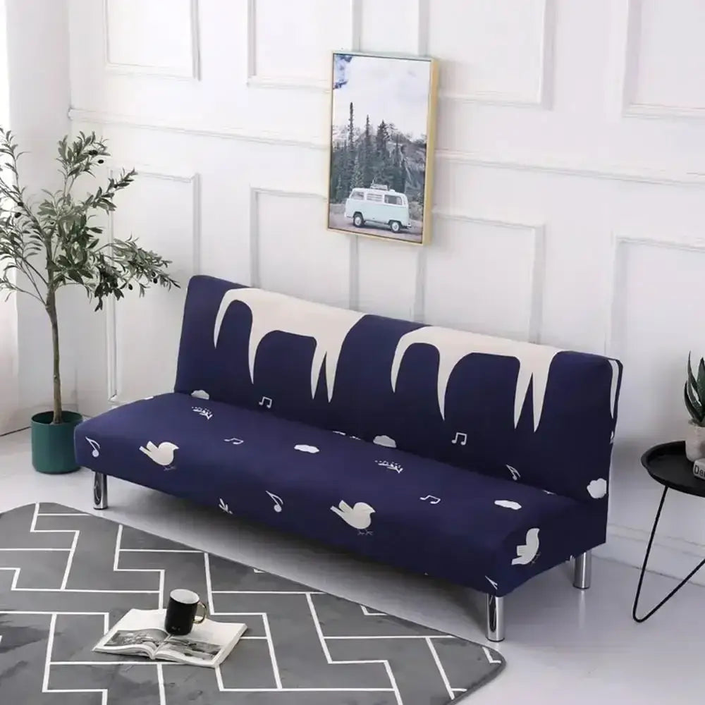 Navy blue DecorBites armless futon sofa cover with white bird and musical note patterns elastic slipcover