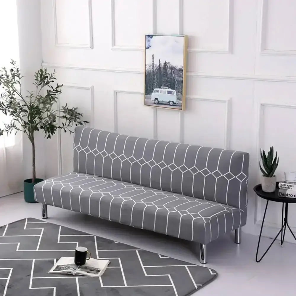 Gray geometric-patterned DecorBites armless futon sofa cover with white lines on modern elastic futon sofa frame
