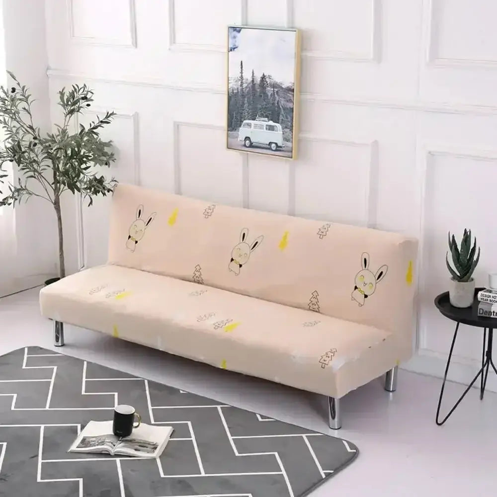 Beige DecorBites armless futon sofa cover with cute cartoon rabbit and yellow raindrop patterns elastic slipcover