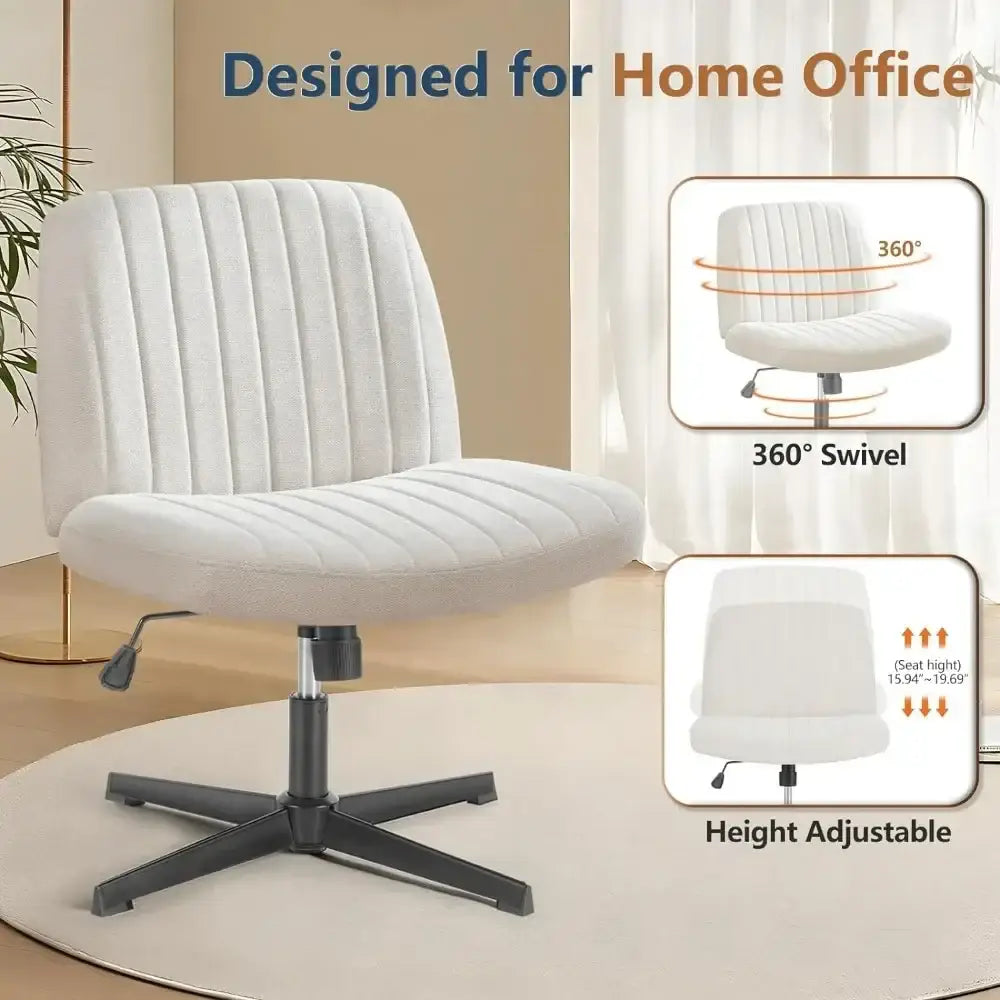 White upholstered decorbites armless wide desk chair with vertical ribbed texture and black metal cross-legged base