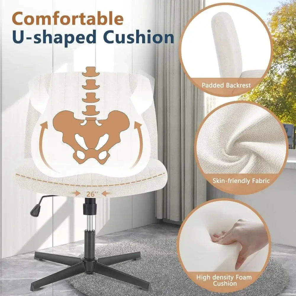 White decorbites armless wide desk chair with u-shaped cushioned seat and high-density foam ergonomic support