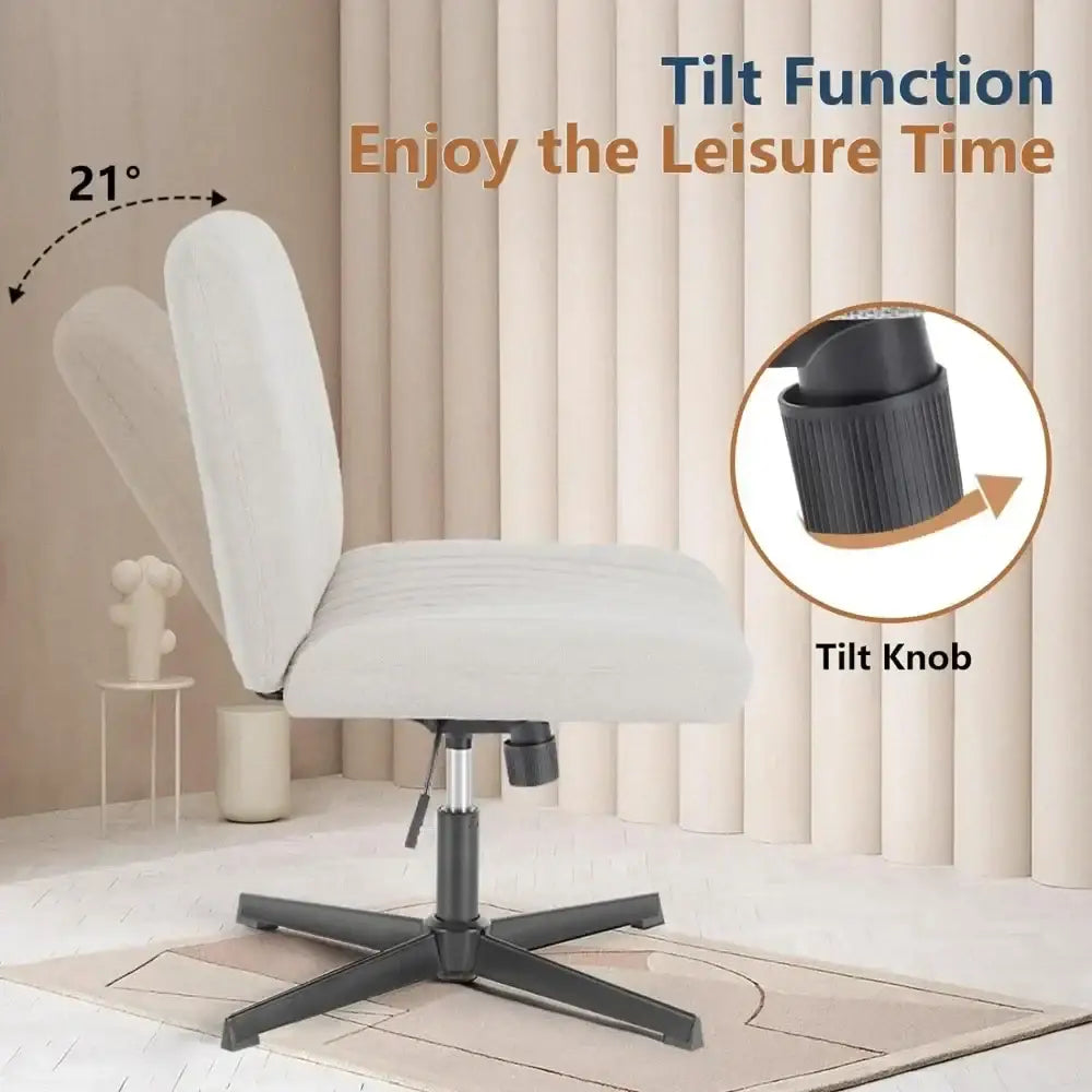 White upholstered decorbites armless wide desk chair with black metal base and tilt function for modern office use