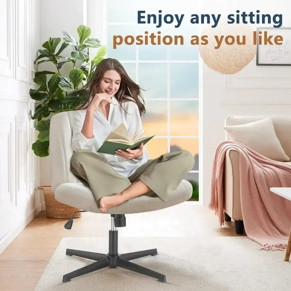 Beige decorbites armless wide desk chair upholstered with black five-star base and height adjustment lever for office use