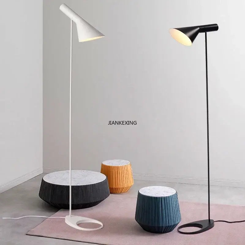 Modern minimalist floor lamp with sleek conical shades and metal stems in black and white by decorbites arne jacobsen corner
