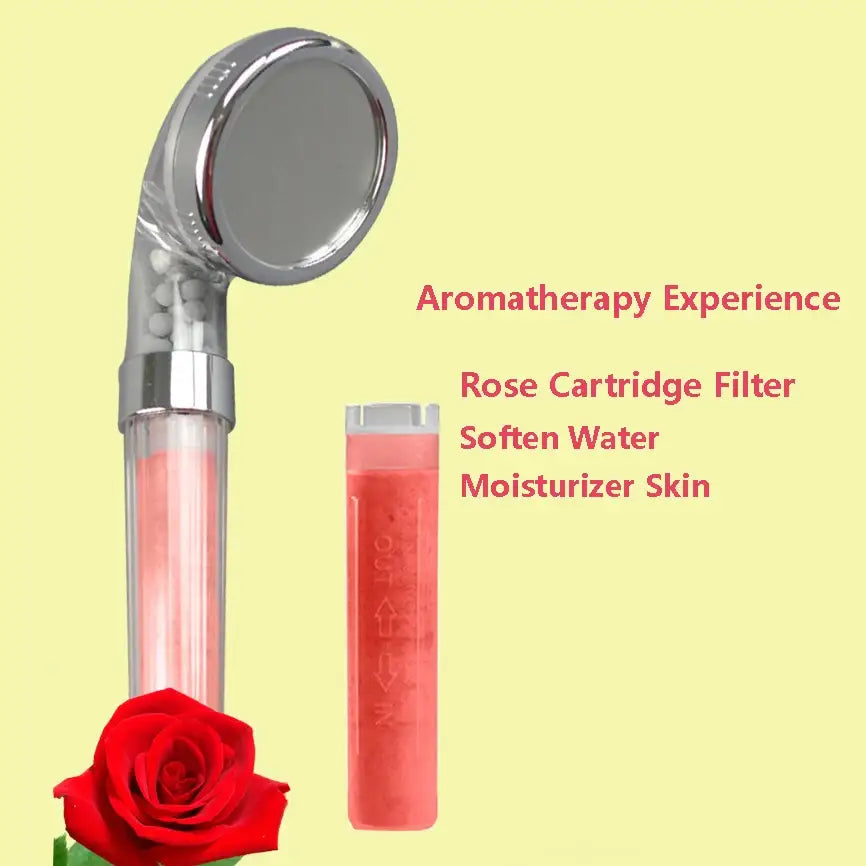 A sleek chrome decorbites aroma filter vitamin c shower head with transparent rose-infused water body and matching cartridge filter