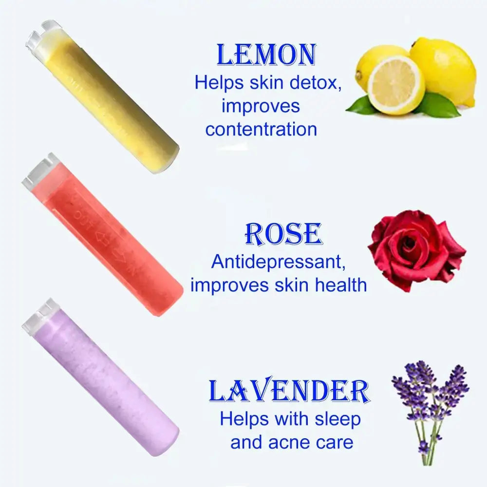 Three cylindrical lip balms in yellow coral pink and lavender with white caps for decorbites aroma filter vitamin shower head