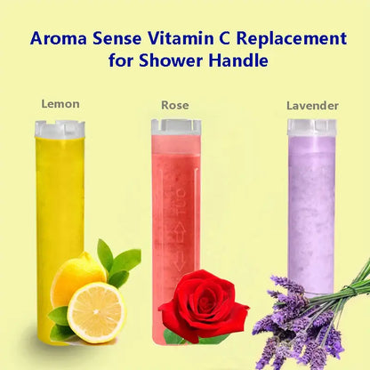 Three cylindrical decorbites aroma filter vitamin c shower head cartridges in lemon, rose, and lavender with clear caps